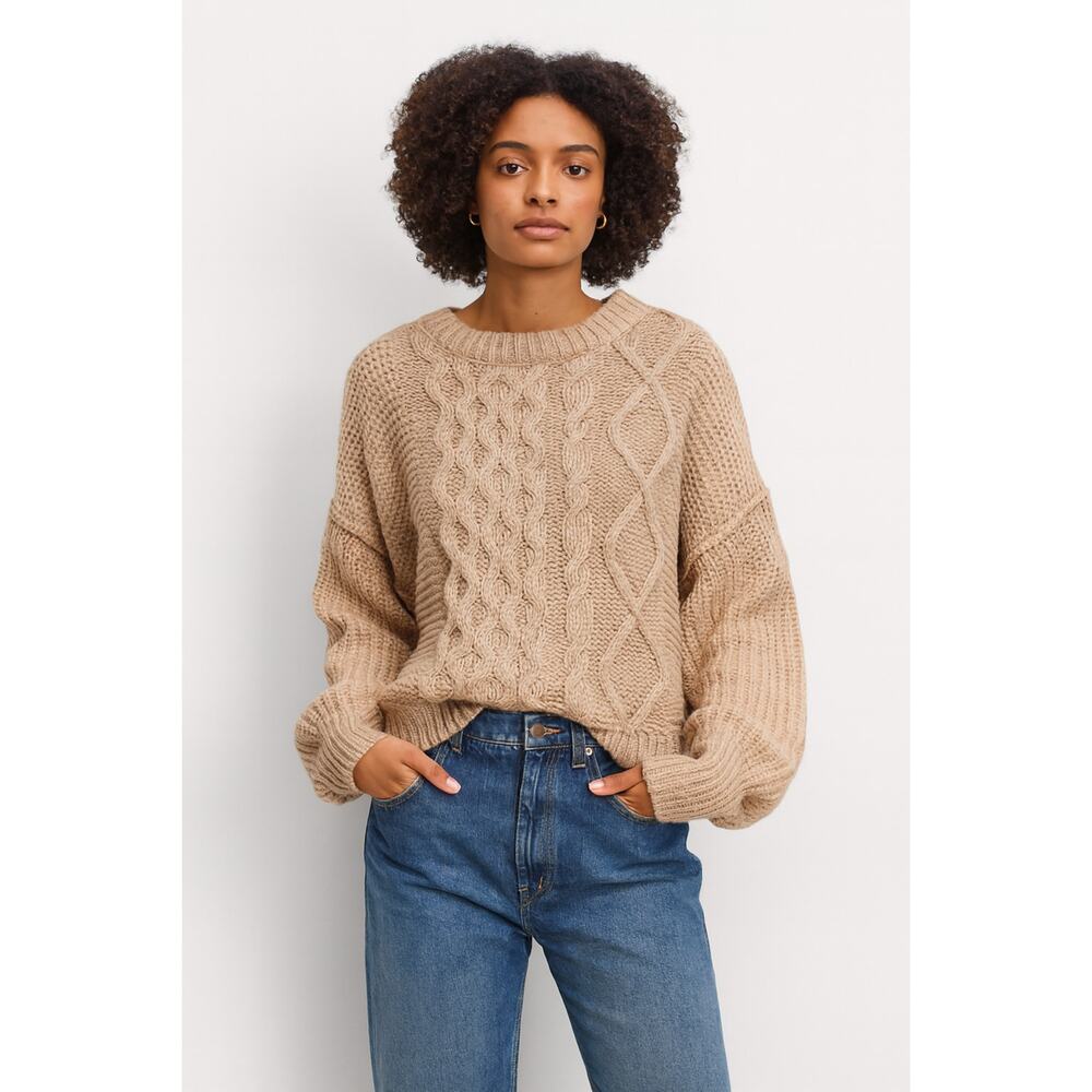 Free People Textured Cable Scoop Sweater in Tan